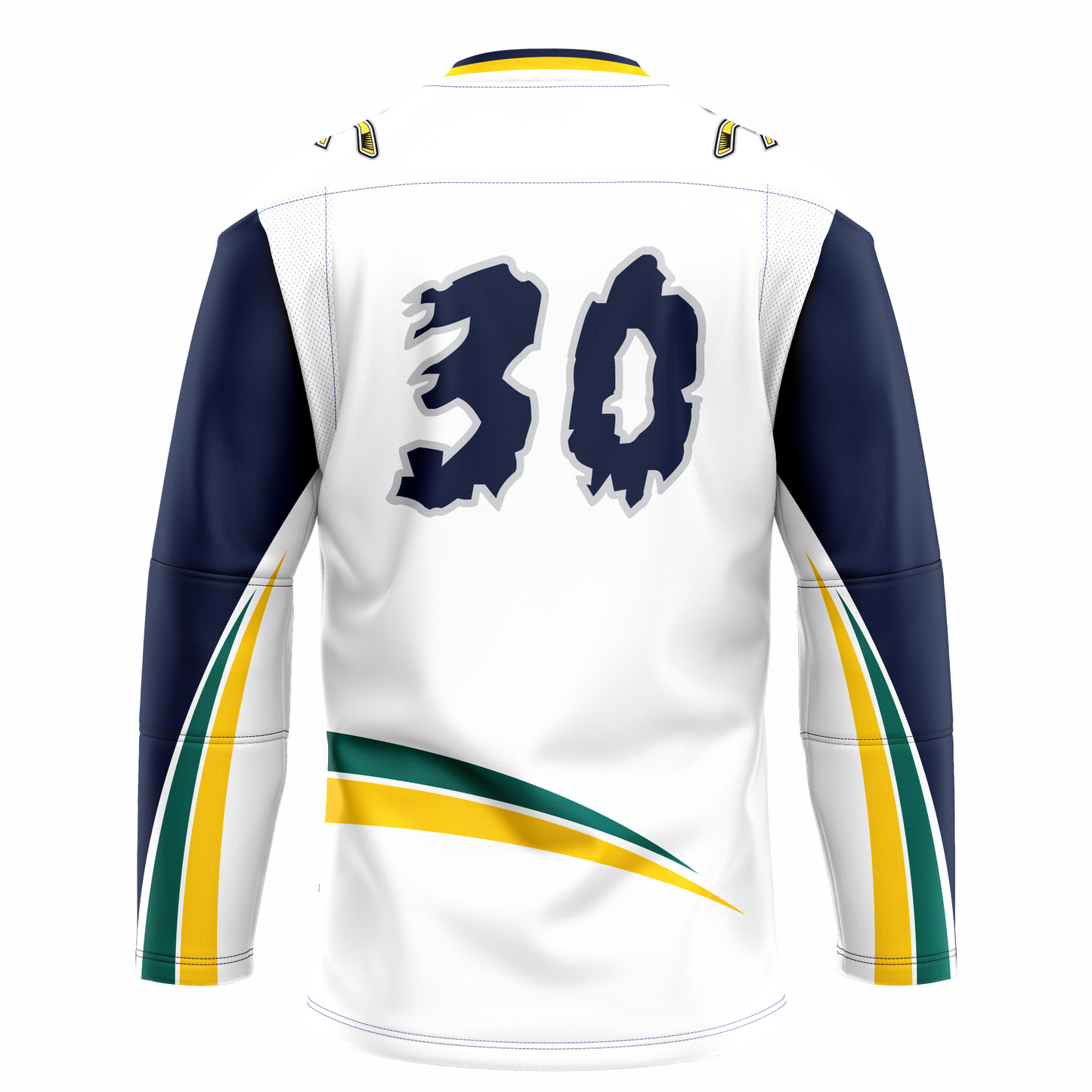 Quebec Rafales hockey jersey. White. Purple sleeves with green, yellow, and white bands going up bottom half of sleeves to underarm. Green and gold triangular bands above waist. #30 purple shaped like snowflakes large on back. Royal Retros.