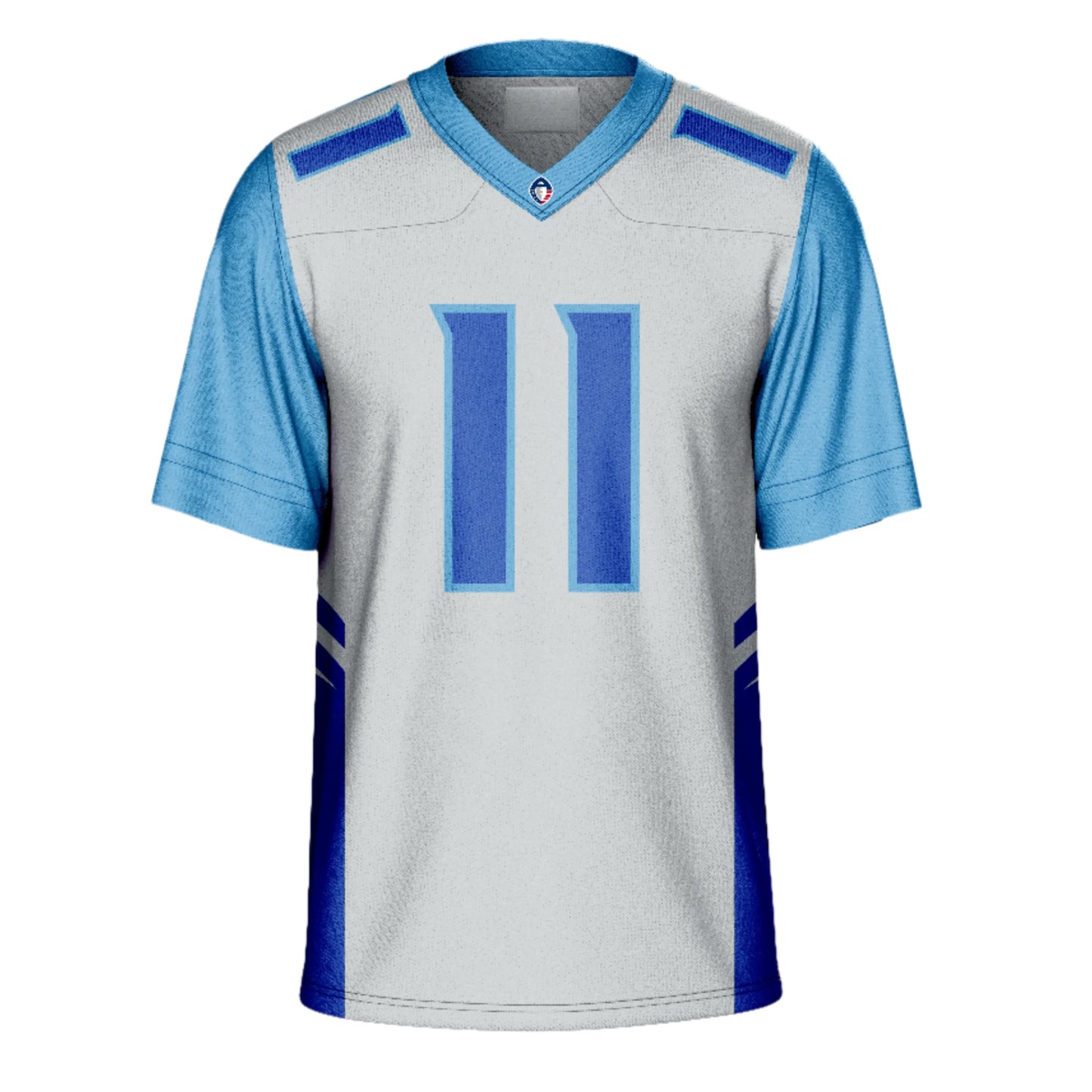 Salt Lake Stallions Jersey - AAF - Silver with light blue sleeves/ Roya; trim on sides. #11 in blue with light blue trim. Light blue collar. Royal Retros