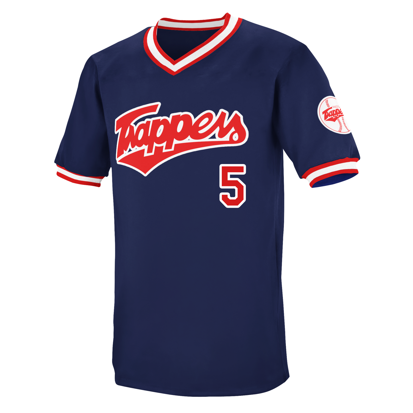 Salt Lake Trappers baseball jersey. Red, white, and red collar and sleeve ends. Trappers in red with white trim across chest. #5 in red with white trim lower right. Royal Retros