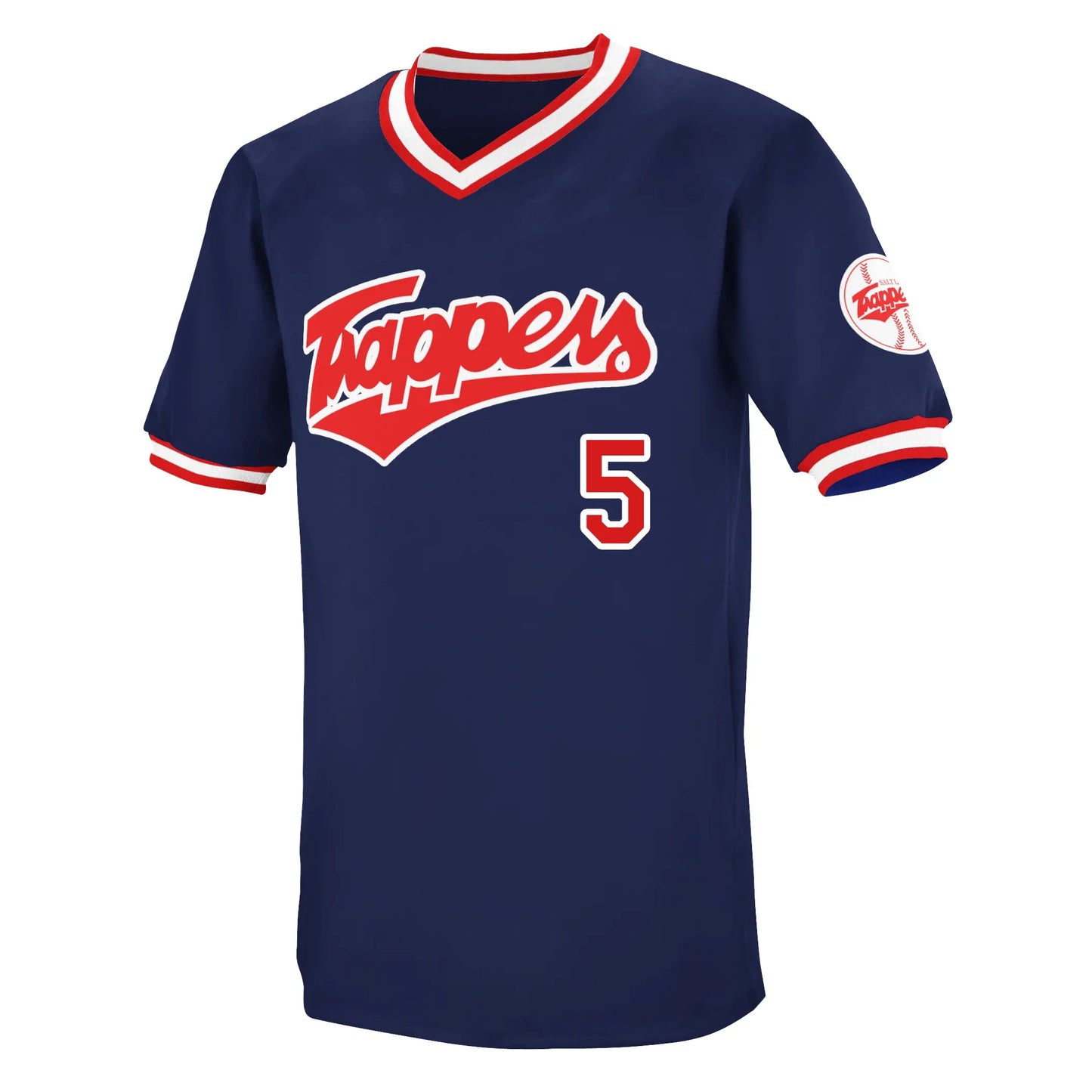 Salt Lake Trappers baseball jersey. Red, white, and red collar and sleeve ends. Trappers in red with white trim across chest. #5 in red with white trim lower right. Royal Retros