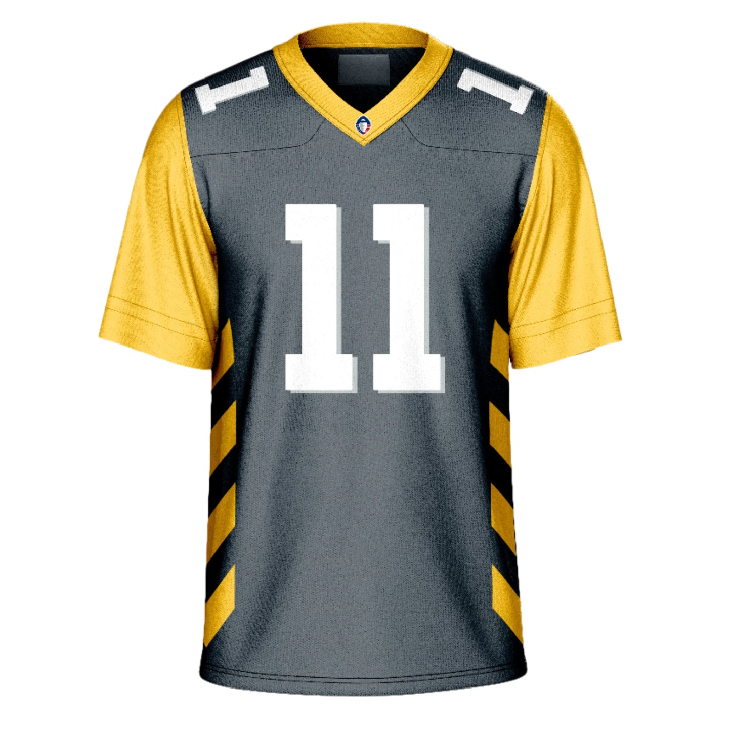 San Diego Fleet Jersey - Jerseys - AAF. Black with four gold bands on sides. Gold sleeves and collar. #11 in white on chest and shoulders. Royal Retros