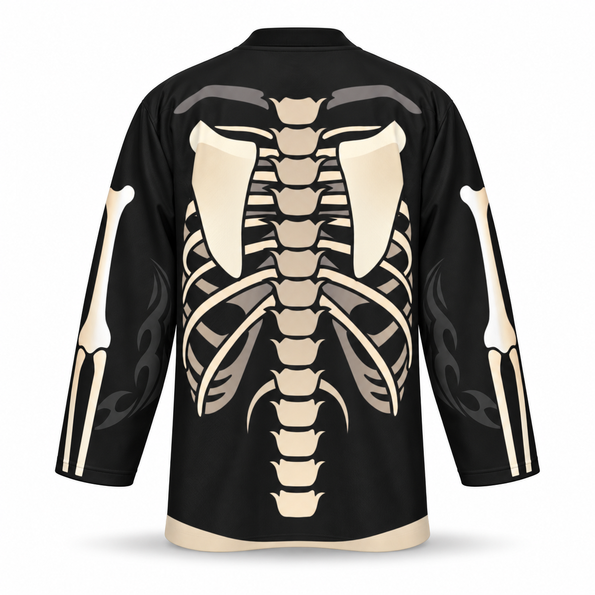 Skeleton Hockey Jersey replica, straight-on back view with shoulder-blade, rib, spine and arm-bone graphics