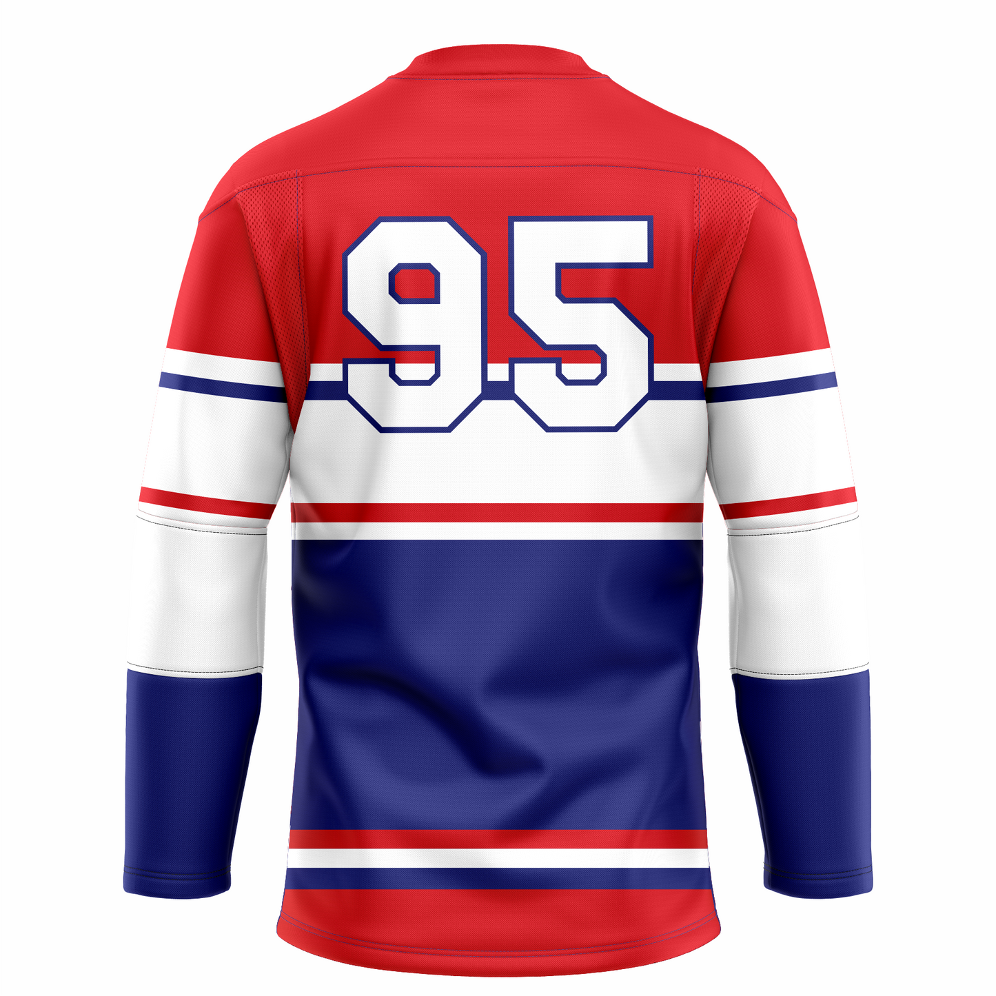 St. Louis Flyers hockey jersey. Red top. Blue, large white, red band mid-sleeve. blue sleeves 2/3 down.#95 large in white with blue trim on back. Red and whit band below. Large blue section below, then red, white, blue, and large red band at waist. Royal Retros