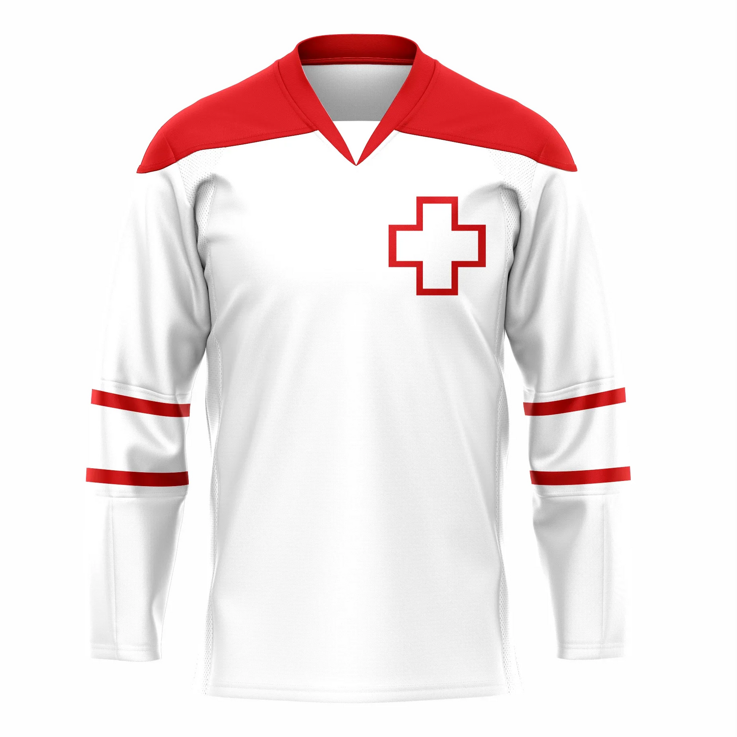 Switzerland Hockey Jersey. White. Red shoulders. Thin red, thick white, thin red bands mid sleeve. Red outline Swiss cross upper left chest. Royal Retros