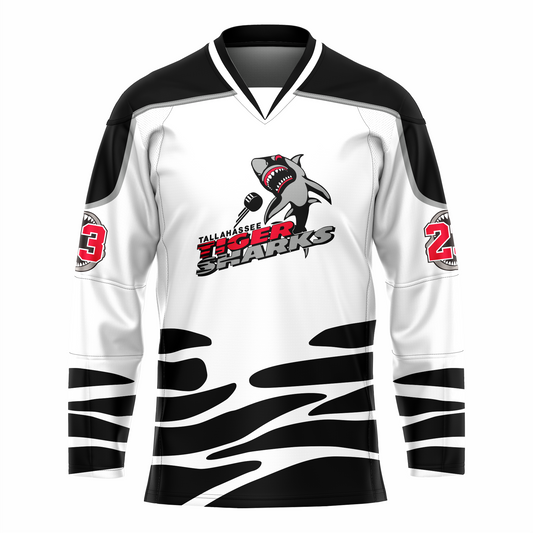 Tallahassee Tiger Sharks hockey jersey. White. Black and white collar, black shoulders with silver trim. Random black pattern at sleeve ends and around waist suggesting ocean waves. Logo is a shark swimming toward viewer with Tallahassee small in black with white trim above Tiger in red and Sharks in silver. Royal Retros