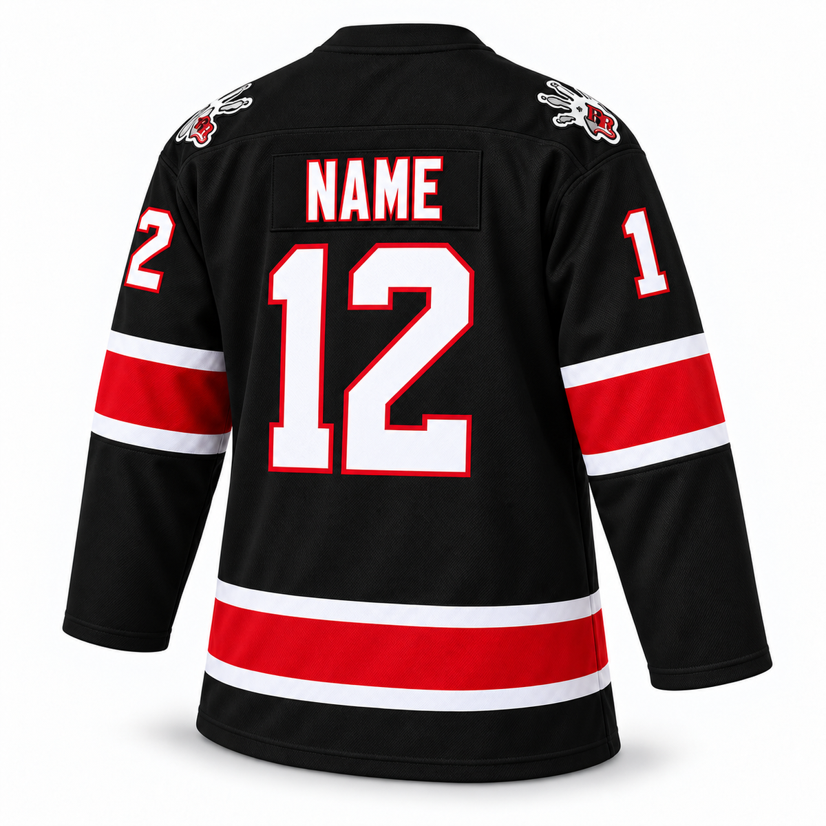 Albany River Rats black hockey jersey — back mockup, number 12, NAME personalization, lace-up collar and RR shoulder logos. Royal Retros.
