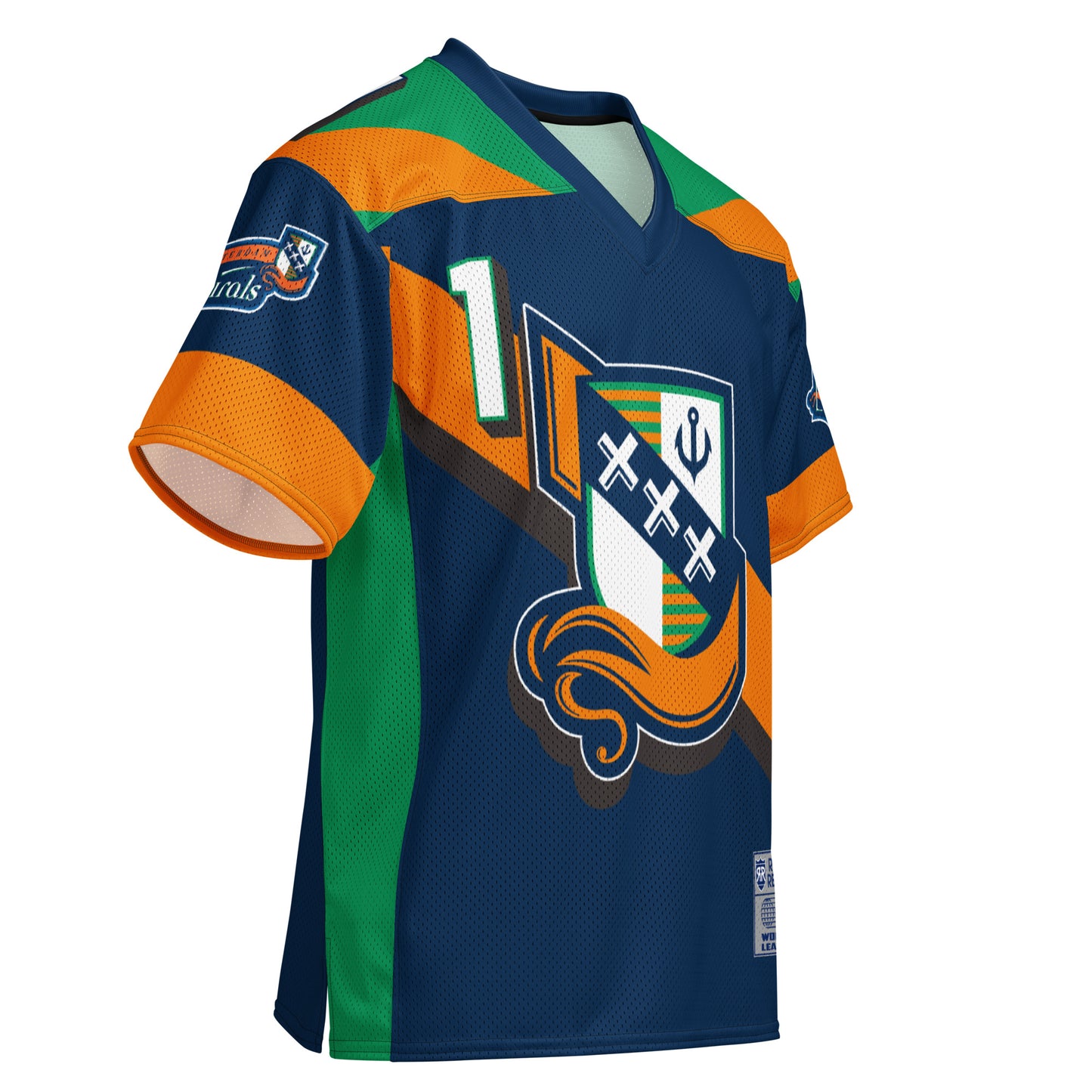 Amsterdam Admirals all-over football short-sleeve football jersey. Blue. Blue collar. Green triangle shape next to collar, next to orange triangle, both across shoulders. Orange sleeve ends with green band inside sleeve vertically. Admirals logo on both sleeves. Orange stripe diagonal left to right. #1 in white upper left. Shield in center divided into four sections. Top left and bottom right are green and orange stripes alternating. Top right blue anchor on white. Bottom left jut white. Orange tail