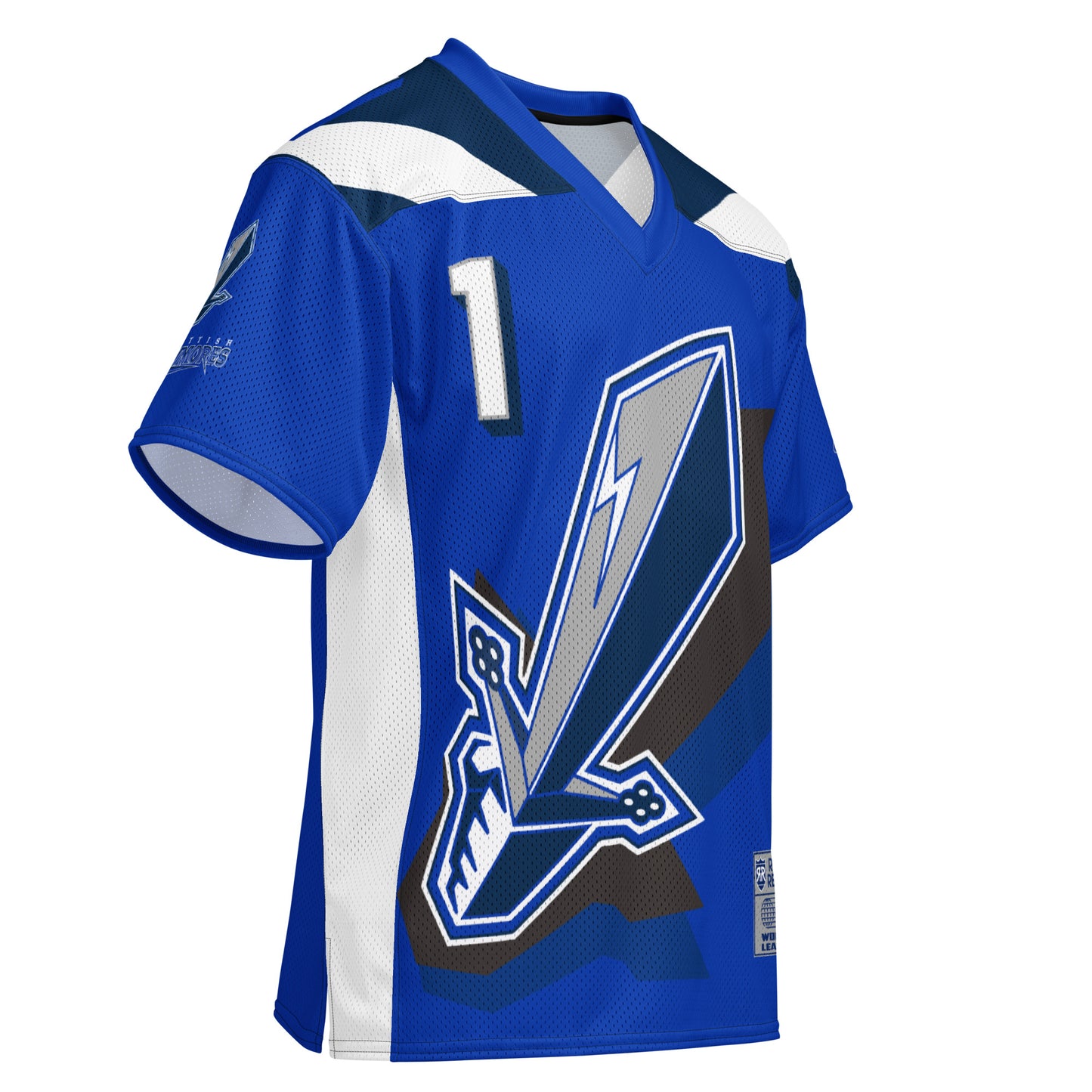 Scottish Claymores all-over print short-sleeve football jersey. Royal Blue. Dark blue trapezoid shape next to collar. White parallelogram shape next to that. #1 white with navy trim. Large stylizes claymore sword, with shadow, handle below left at waist, tip top right. Royal Retros