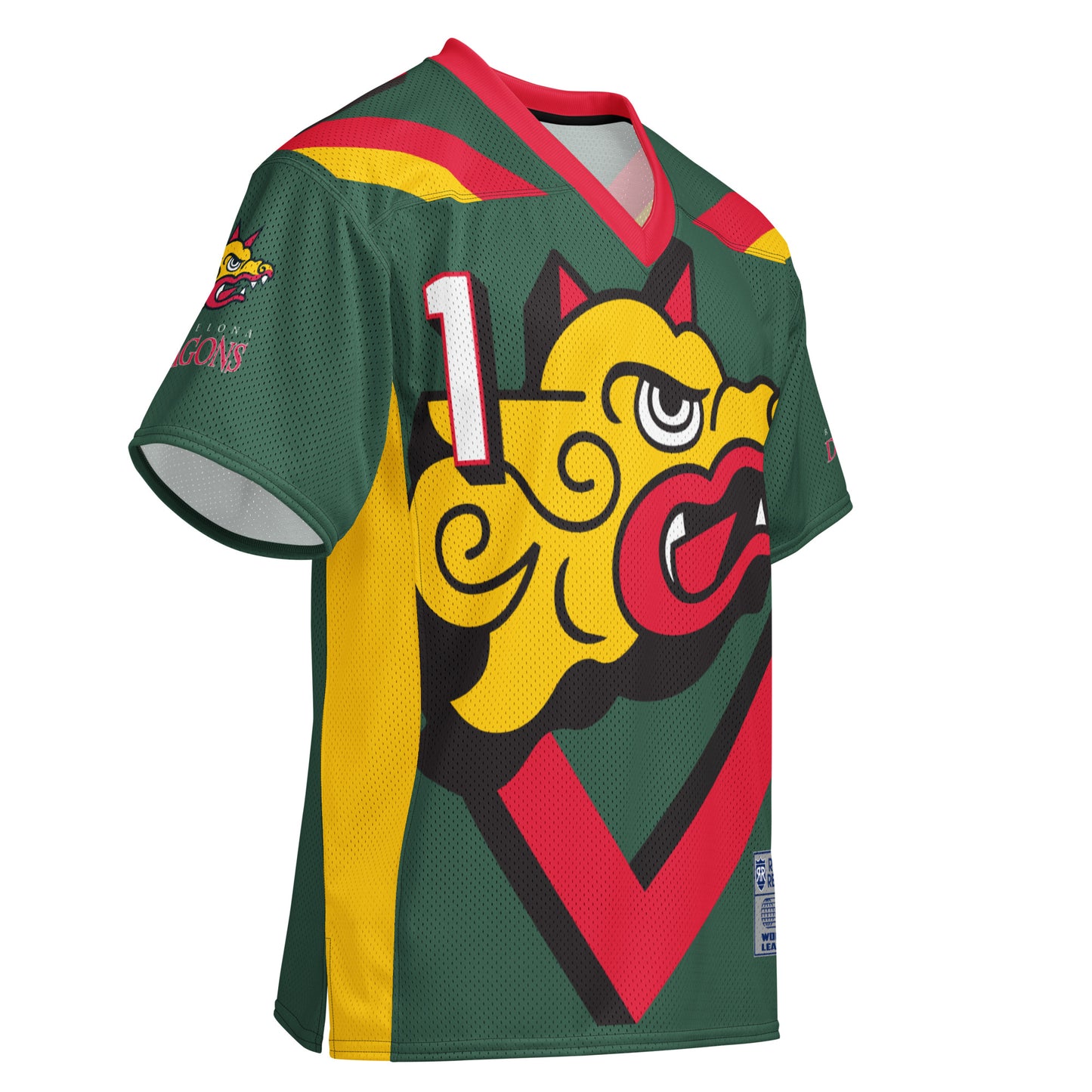 Barcelona Dragons all-over print short-sleeve football jersey. Green. Red collar. Red and gold bands angled on shoulders. #1 in white with black and red shadow upper left. Large dragon head, gold with red horns and red mouth. Upside down triangle, tip. Red with black shadow. Royal Retros.