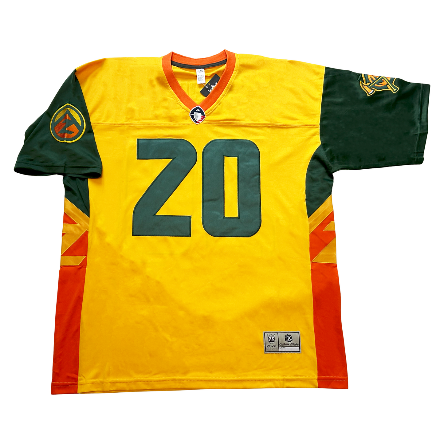 Arizona Hot Shots Jersey - Yellow with orange collar. #20 in green on chest. Green sleeves with orange sides. Hot Shots logo on upper sleeve. Royal Retros