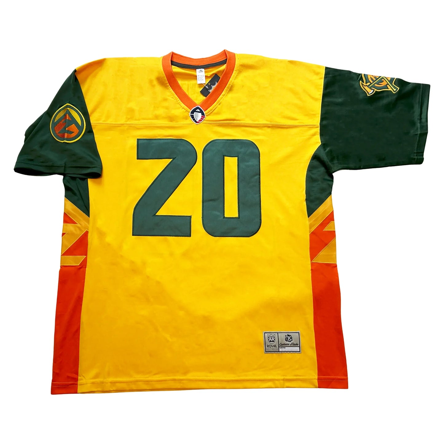 Arizona Hot Shots Jersey - Yellow with orange collar. #20 in green on chest. Green sleeves with orange sides. Hot Shots logo on upper sleeve. Royal Retros