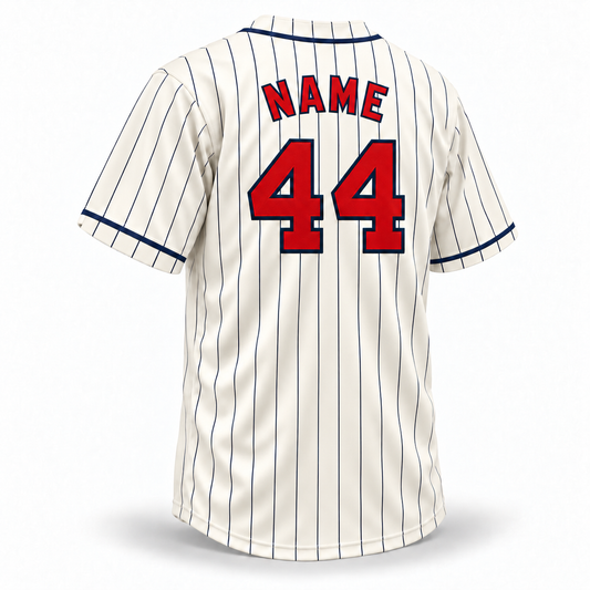 Atlanta Black Crackers ABC NLB jersey, cream with navy pinstripes, red NAME and number 44 with navy outlines, back three-quarter view.