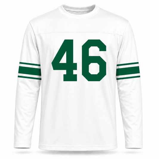 Baltimore Colts AAFC Jersey. White long sleeve. Two green stripes on each forearm. Green #46 large on the chest.