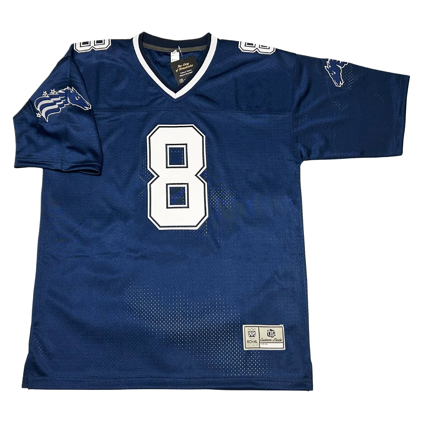 Baltimore Stallions football jersey. Blue. White collar, Stallion head with white detail and stars small on shoulder. #8 large in white with white outline on chest, small on shoulders. Royal Retros