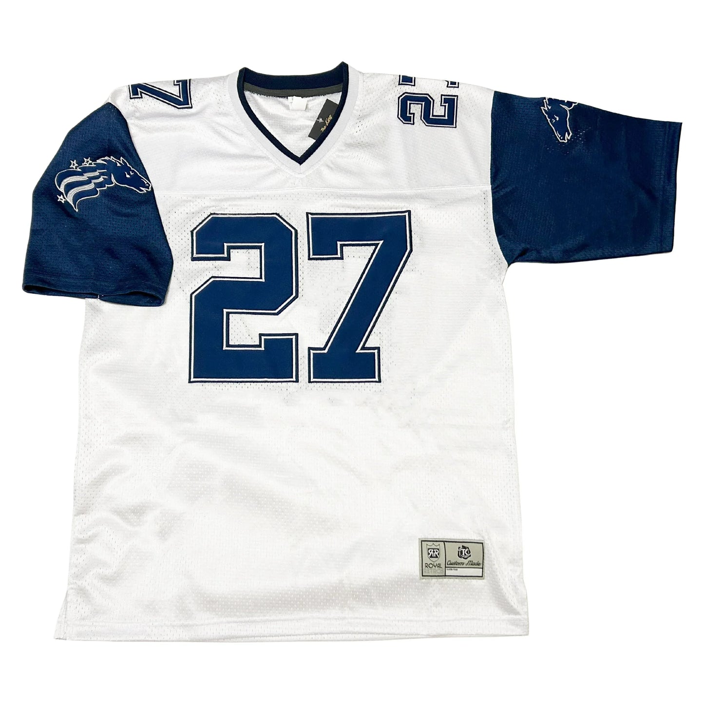Baltimore Stallions football jersey. White Blue collar and sleeves Stallion head with white detail and stars small on shoulder. #27 large in blue with blue outline on chest, small on shoulders. Royal Retros