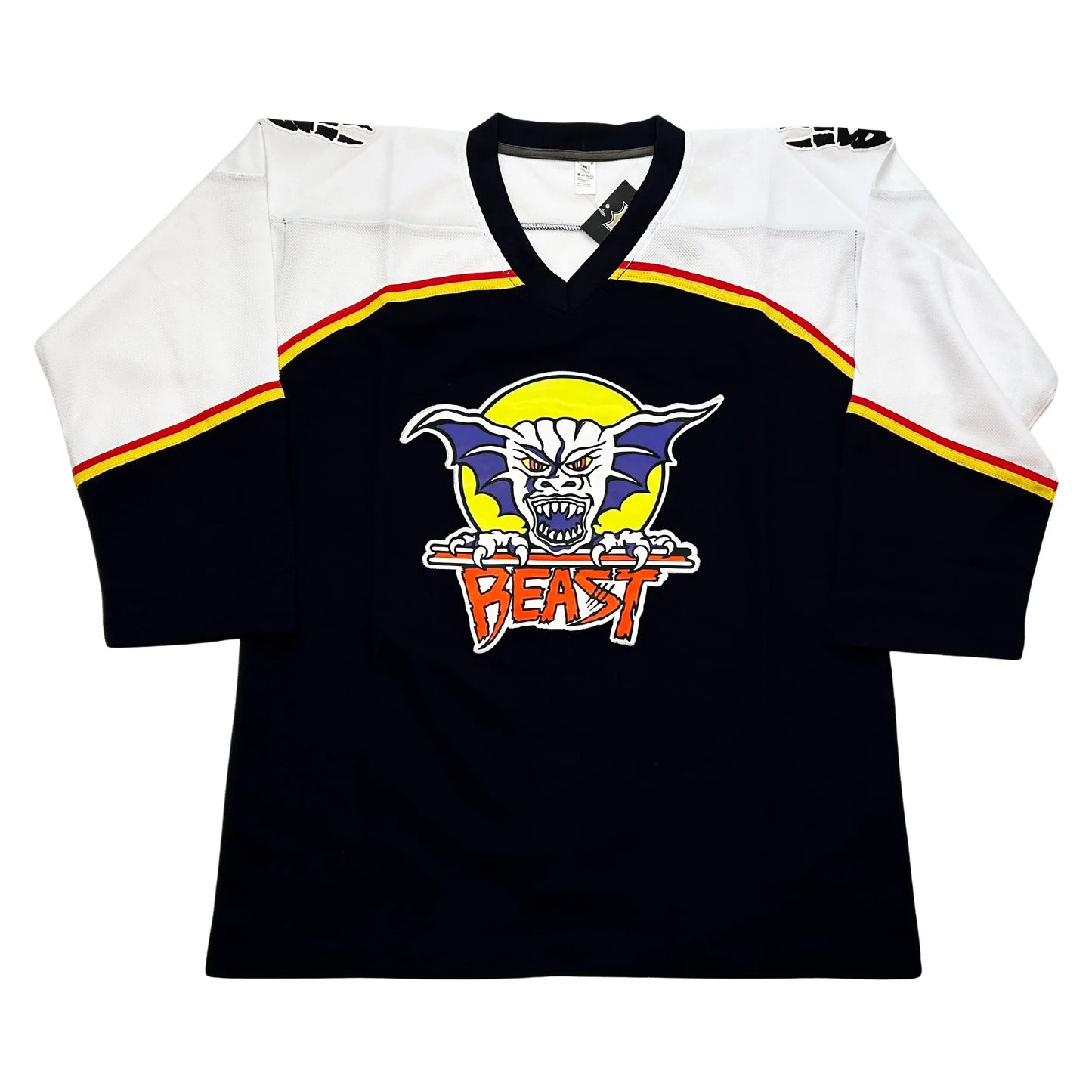 Beast of New Haven Jersey black with white shoulders. Red and gold band between white and black parts of jersey. Beast logo in center. Yellow circle with demon face with purple ears. Beast on red underneath Royal Retros