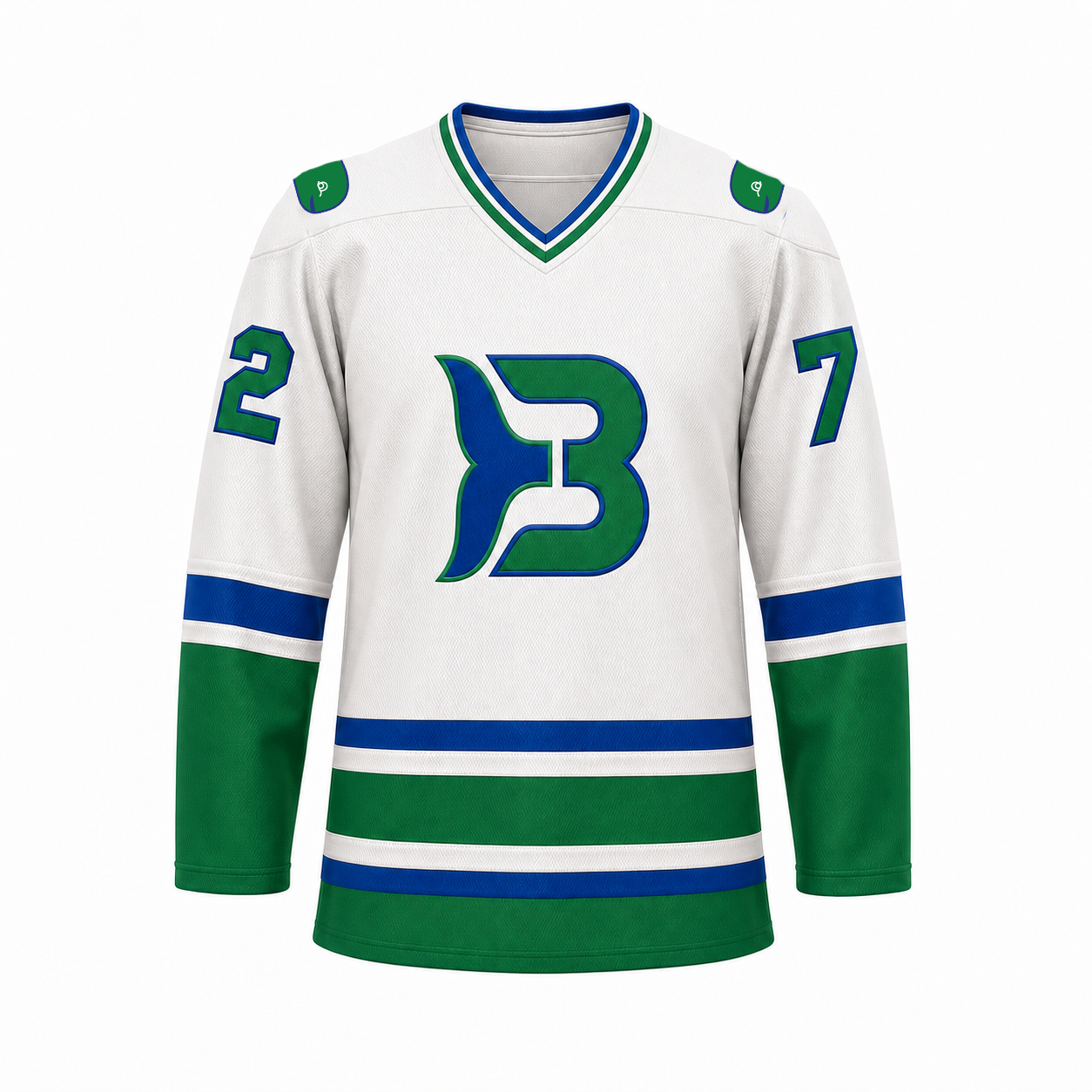 Binghamton Whalers hockey jersey front in white with blue and green sleeve and hem stripes, green cuffs and hem, and the whale-tail B crest at center chest
