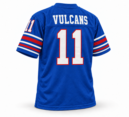 Birmingham Americans Vulcans WFL jersey, royal blue back, VULCANS name and white number 11 with red outline