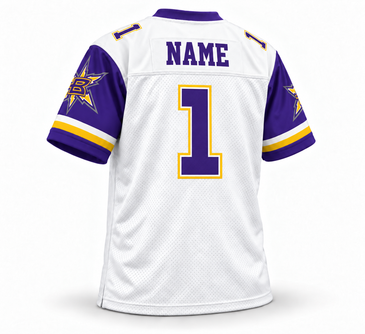 2001 Birmingham Bolts white jersey back three-quarter mockup, purple NAME and number 1
