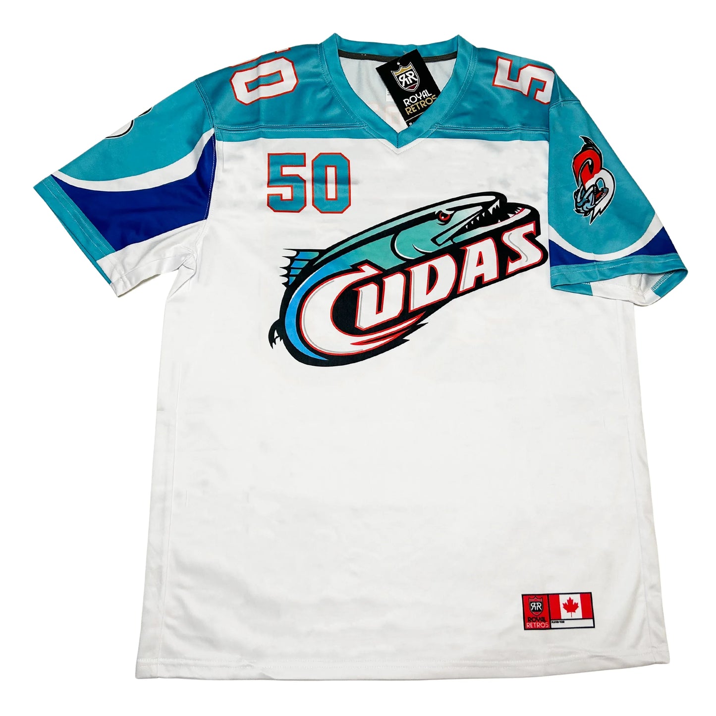 Birmingham Barracudas Jersey white with teal shoulders and teal #50 on right upper chest, Cudas logo om chest Royal Retros