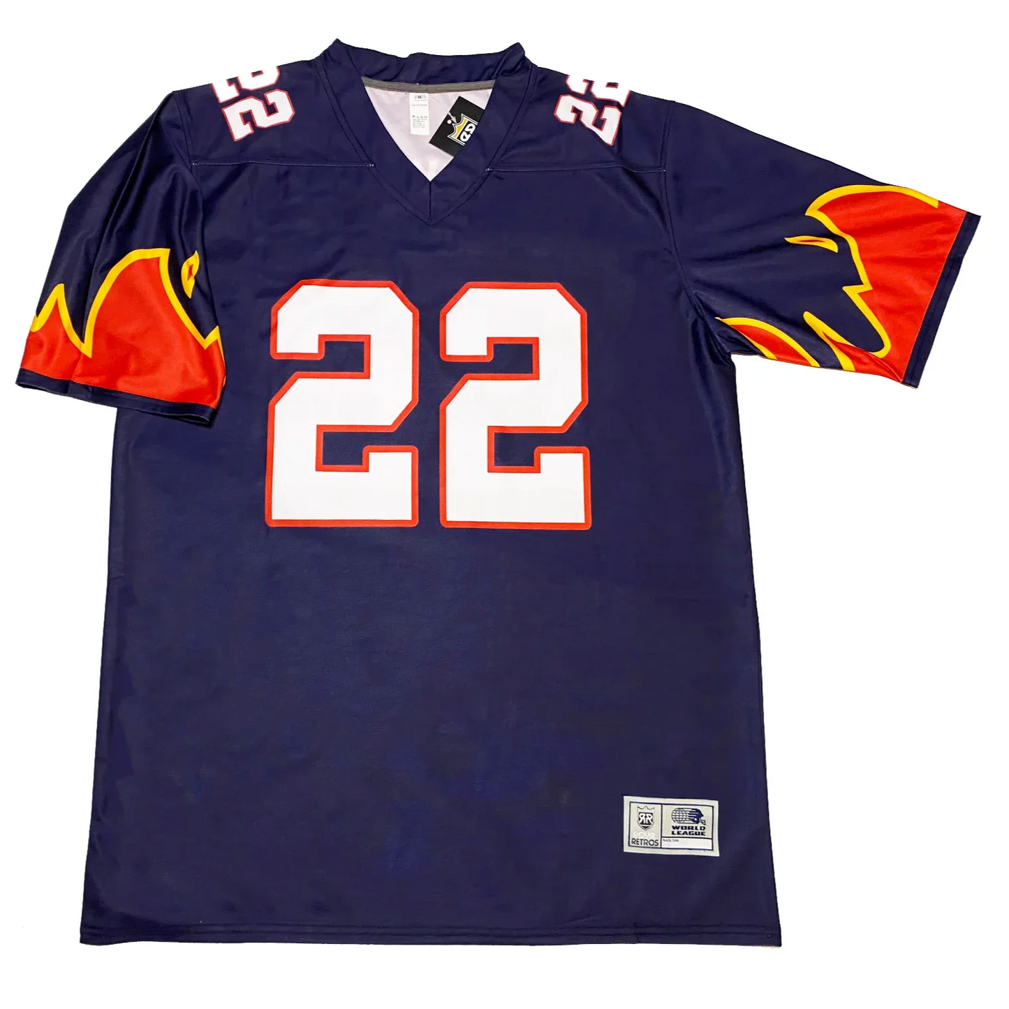 Birmingham Fire WLAF Jersey blue with white #22 and flames on sleeves Royal Retros