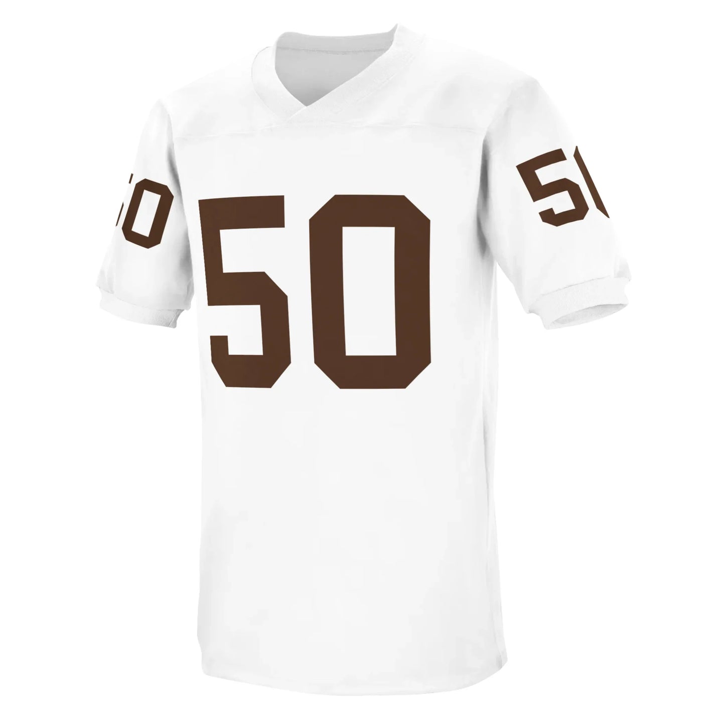Denver Football Jersey white with brown #50 large on chest, small on sleeves. Royal Retros