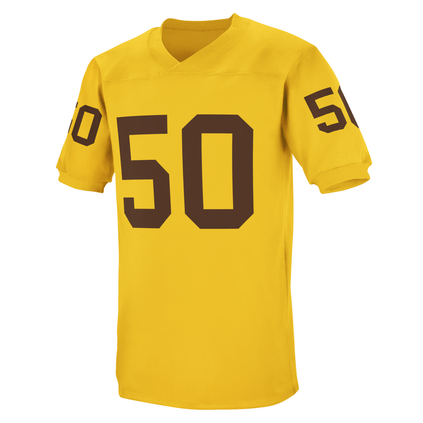 1960-1961 Denver Football Jersey. Mustard with brown #50 on chest, small on sleeves.