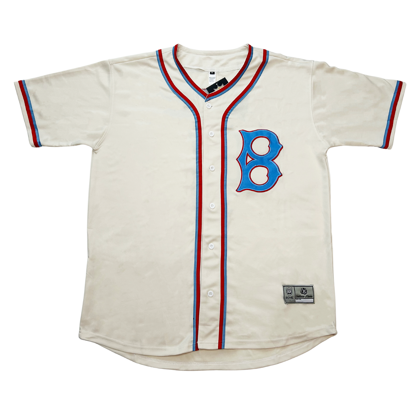 Brooklyn Robins Jersey white with red and blue trim on sleeve ends. Red and blue piping around neck and down front. Royal Retros