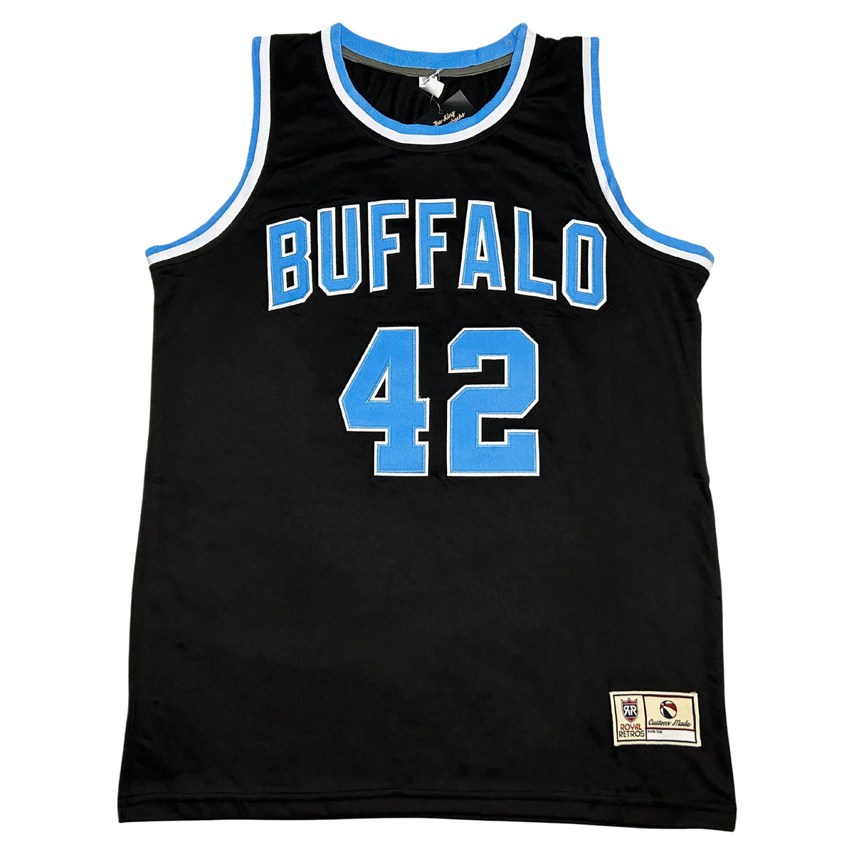 Buffalo Braves Remix Jersey, black with BUFFALO arched over number 42 in Columbia blue