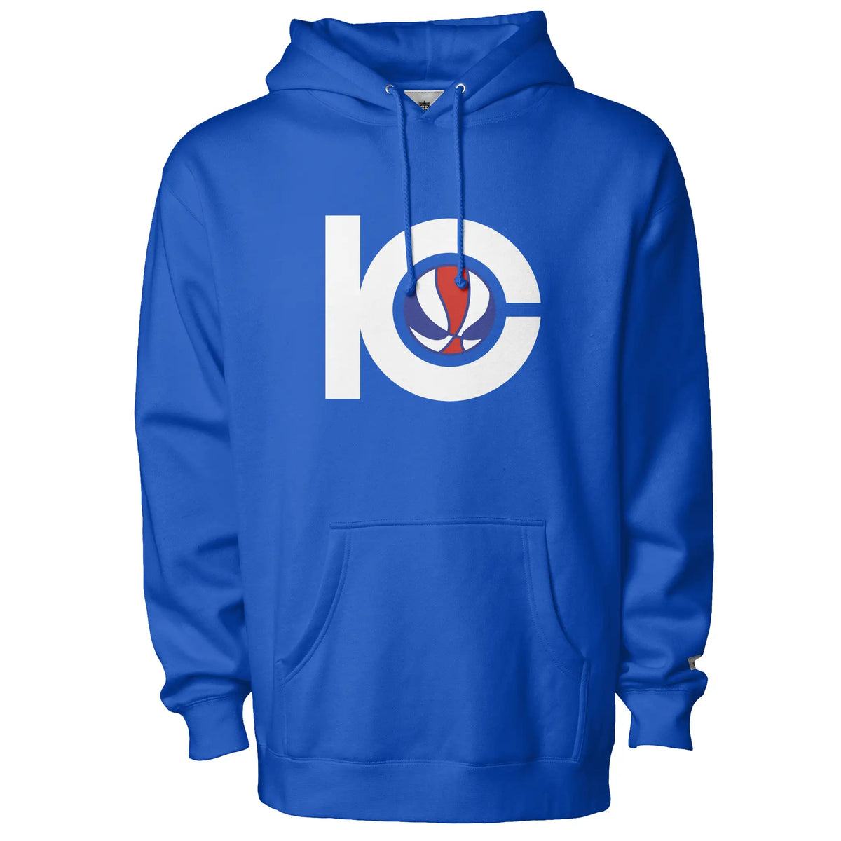 Kentucky Colonels hoodie in royal blue with a white interlocking KC monogram and a red and blue basketball set inside the C at center chest
