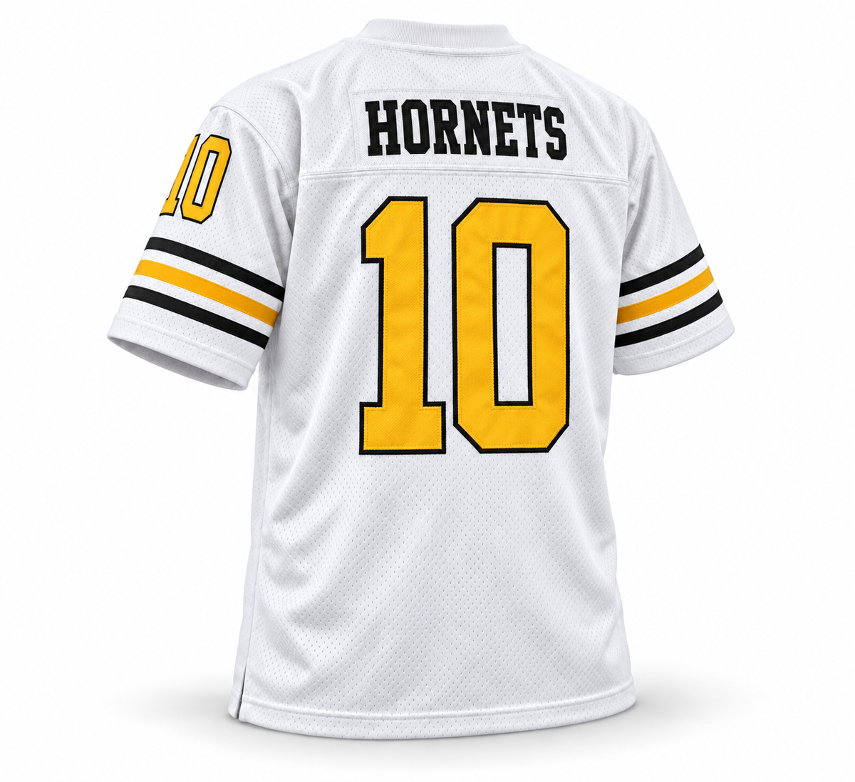 Charlotte Hornets WFL jersey, white with black HORNETS name and athletic gold number 10, back view