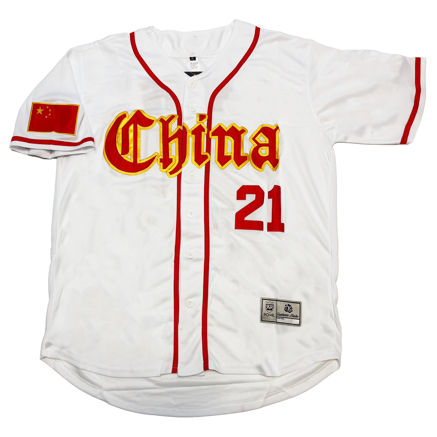 2013 China world baseball classic button-up baseball jersey. White. Red pinstripe around neck and down either side of buttons and round sleeve ends. China flag on right sleeve. CHINA stylized in red with gold trim large across chest. #21 in red below right. Royal Retros