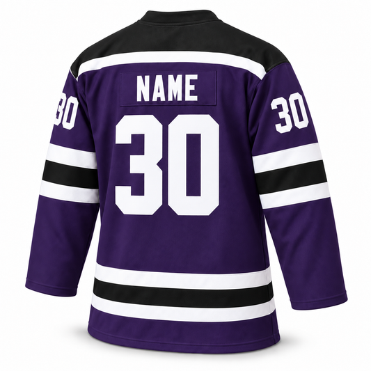 Cleveland Crusaders purple custom hockey jersey back mockup with NAME and number 30