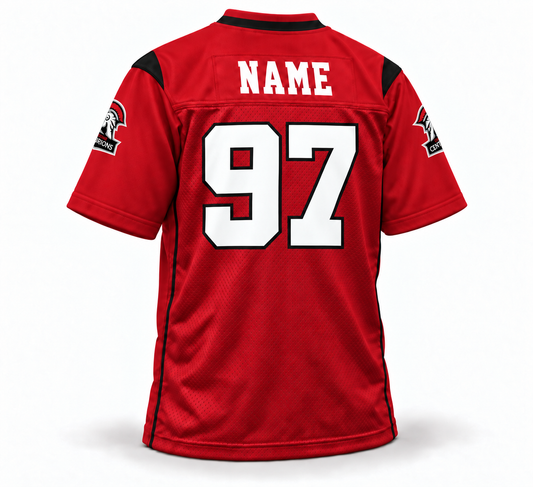 Cologne Centurions WLAF jersey mockup, red back, NAME and number 97