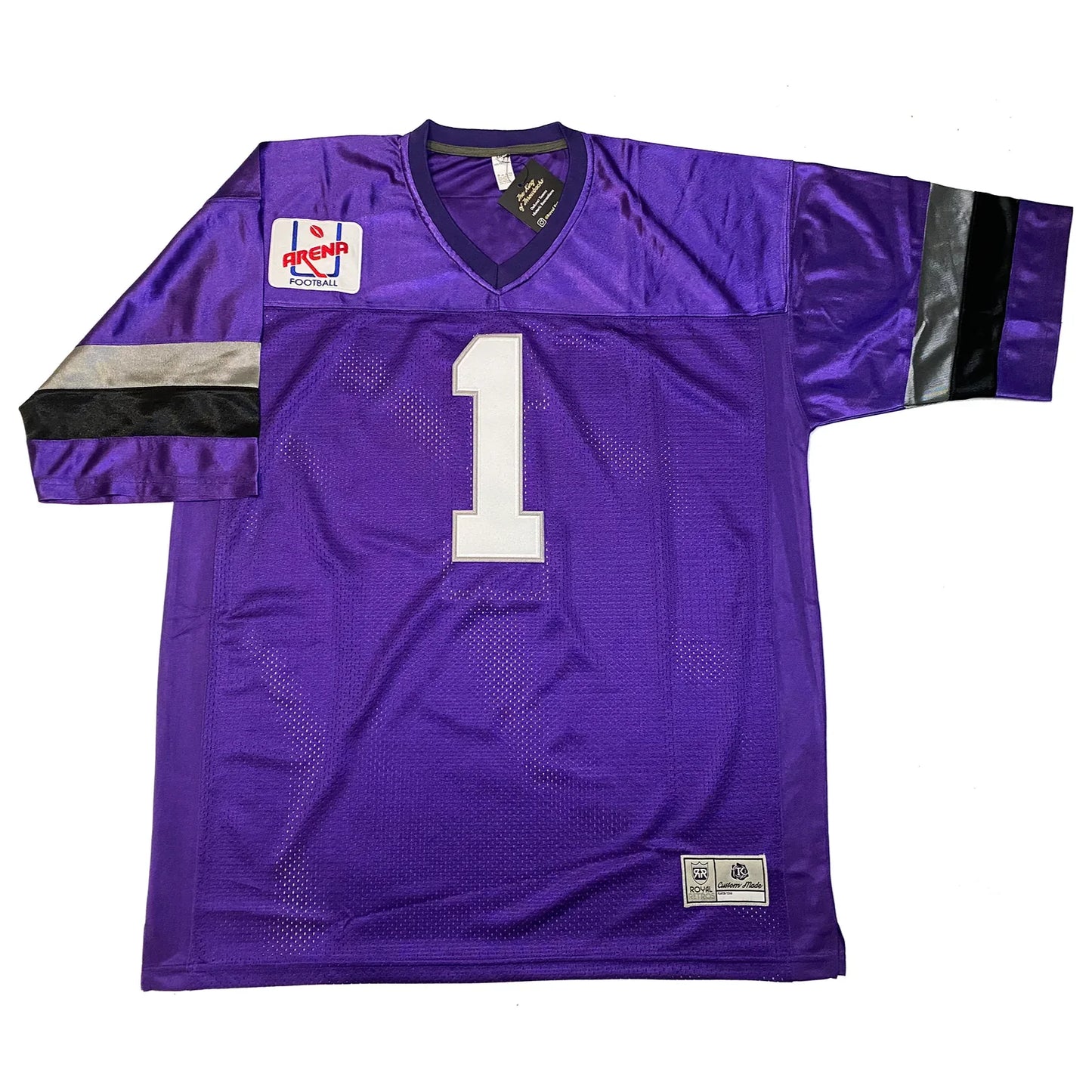 Cleveland Thunderbolts Arena Football League Jersey. Purple. Silver and black bands mid-sleeve. Original Arena Football League logo on right upper chest. #1 in white with silver trim. Royal Retros