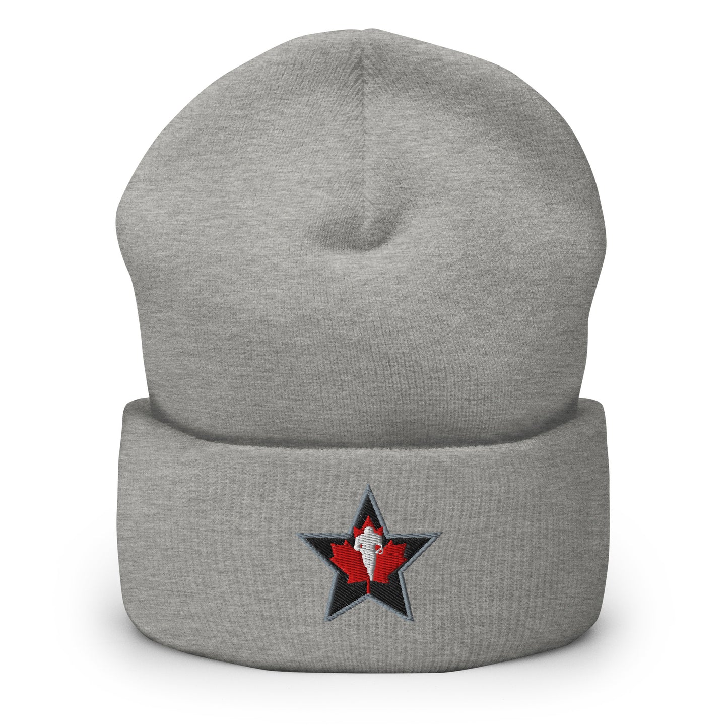 CFLPA beanie grey. Silver star with black background. Red maple leaf inside. Plater in white running toward viewer on maple leaf. Royal Retros.