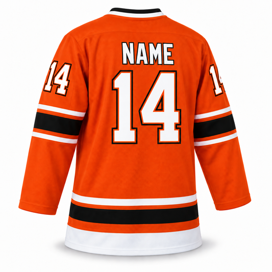 Denver Spurs orange custom hockey jersey back mockup with NAME and number 14 in white, orange and black outline