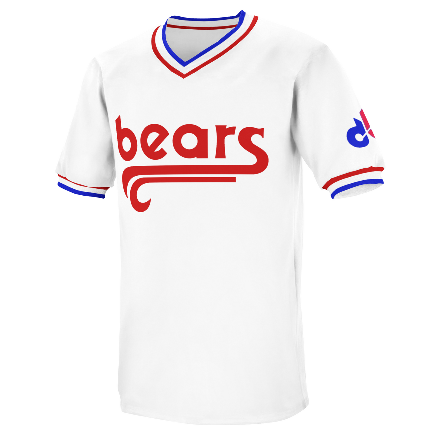 Denver Bears white baseball jersey. Red, white, and blue collar and sleeve ends. Stylized bears in lower case in red with sweeping double tail underneath.