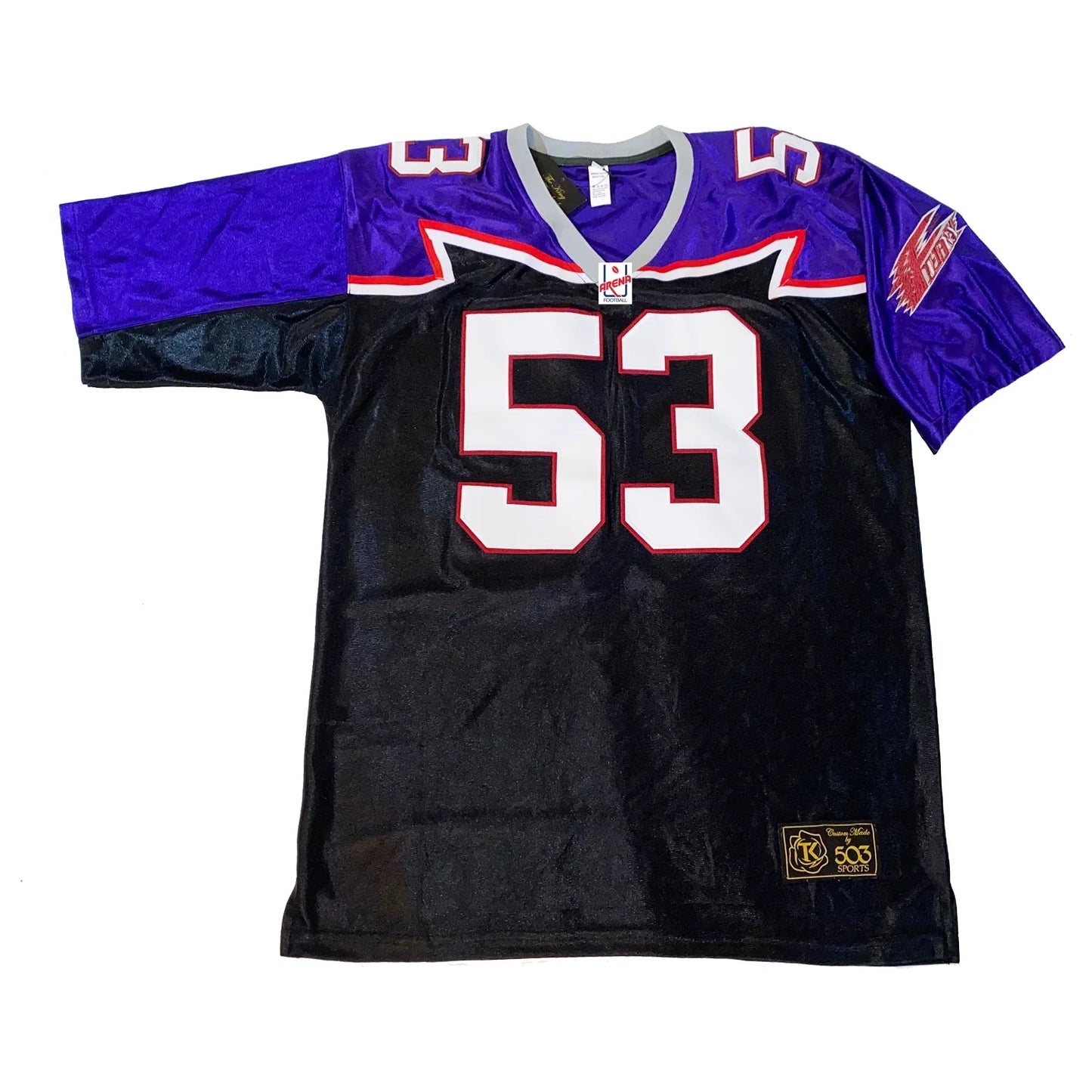 Detroit Fury jersey black with blue shoulders. Red and white zigzag line separating blue and black. #53 white in red trim large on chest, small on shoulders. Fury logo in red on sleeves. Royal Retros