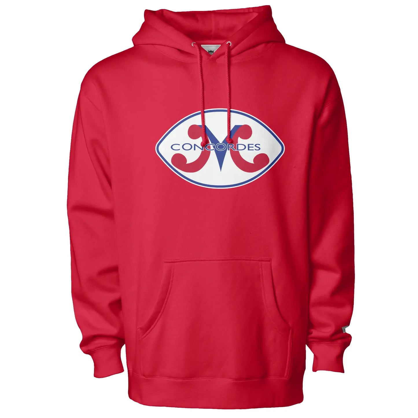 Montreal Concordes Hoodie. Red football shaped white background with blue inner trim. M with red legs and blue center. Concordes in blue over top. Royal Retros