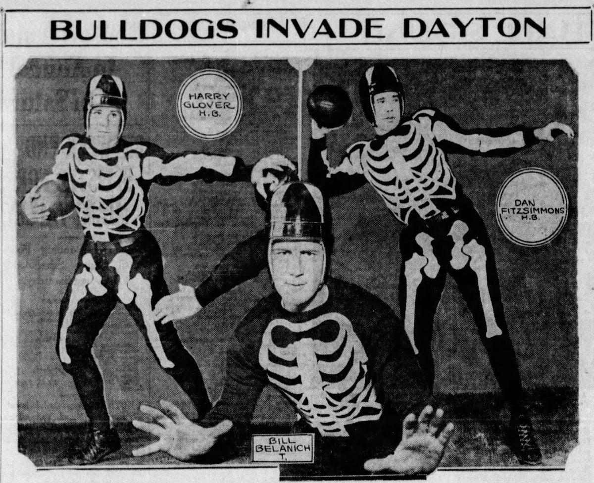 1933 newspaper clipping of the Cleveland Bulldogs in their skeleton uniforms
