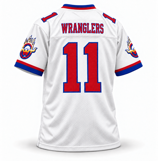 1984 Arizona Wranglers USFL white jersey back mockup, WRANGLERS name and number 11