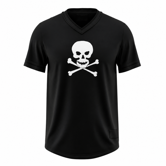 Sioux City Ghosts black baseball jersey with a white skull and crossbones at center chest