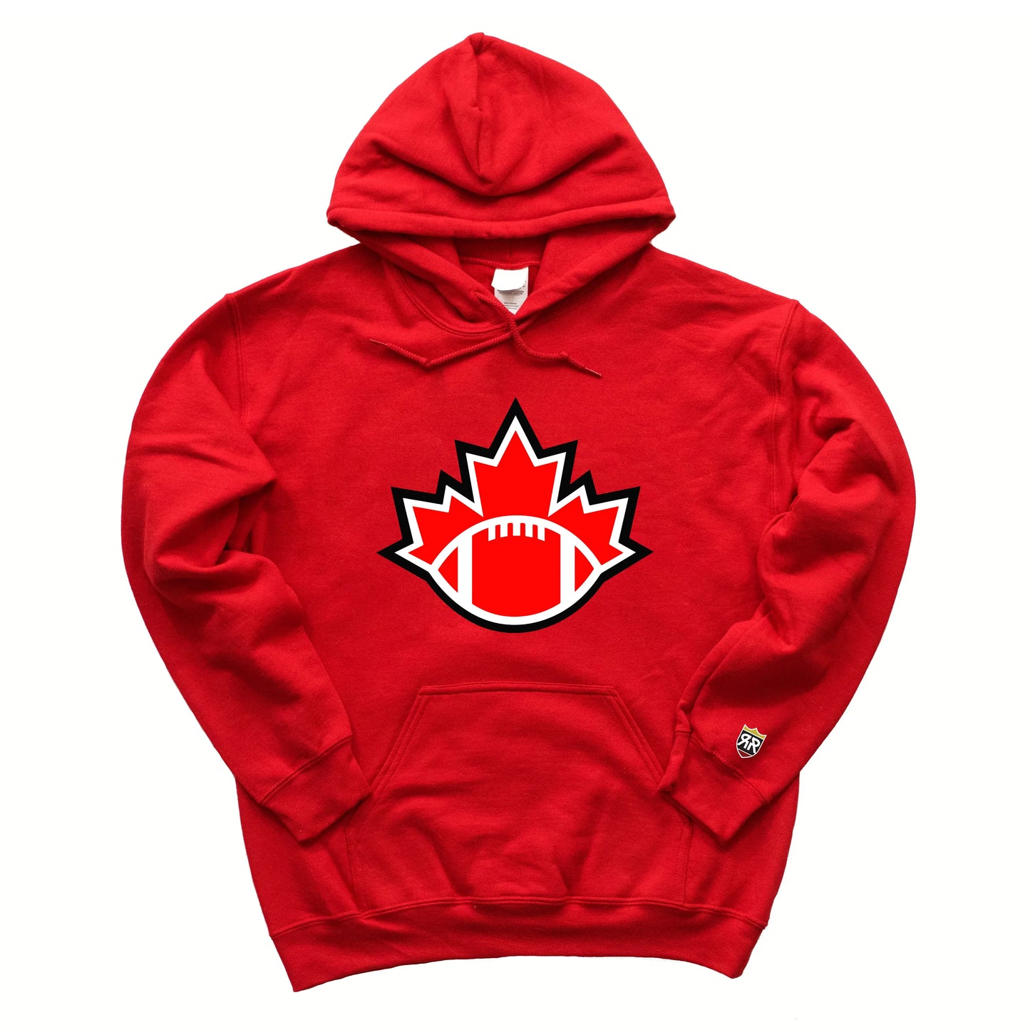 Football Canada Hoodie red. Top half of red maple leaf with white and black & white trim with red football with white detail covering bottom half. Royal Retros