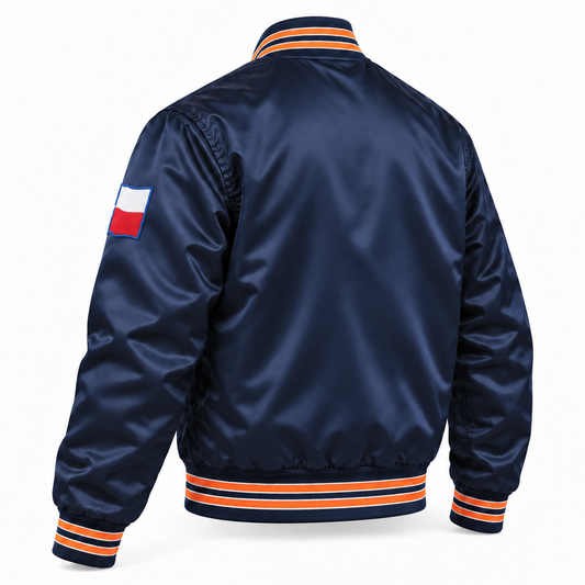 Houston Colt .45s navy satin jacket, back three-quarter view. Blank back, orange rib-knit stripes edged in white, and the edge of the embroidered Texas flag on the wearer's left sleeve.