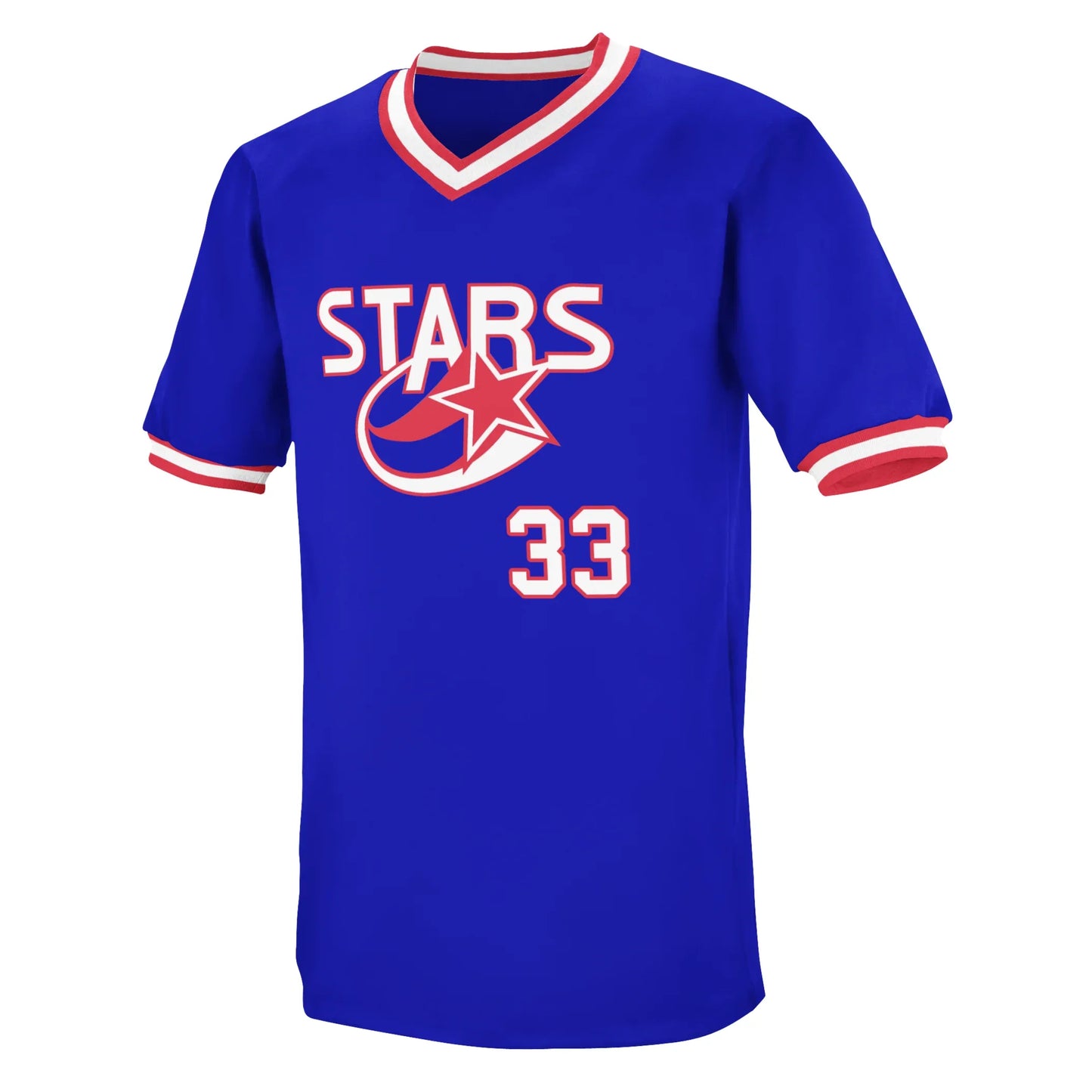 Huntsville Stars Jersey in blue. Stars in white with red trim. Swooping red star underneath. #33 in white with red trim below white. Royal Retros