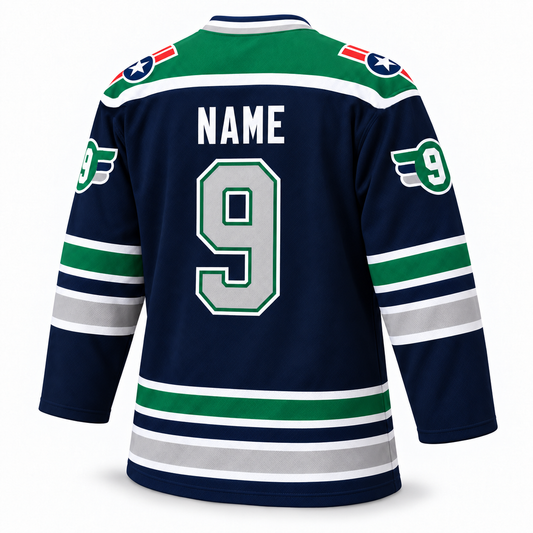 IHL Houston Aeros Jersey. Navy. Back. Name and #9 with winged-9 sleeve patches.