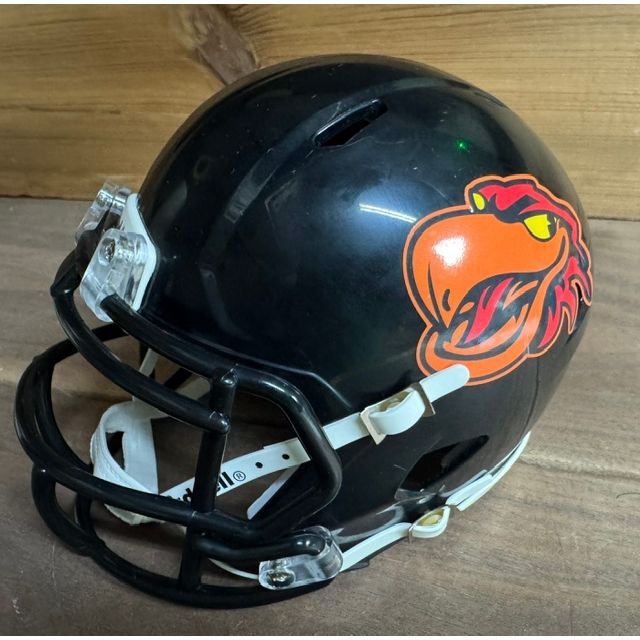 Albany Firebirds Throwback Mini Helmet. Black shell with a black facemask. Cartoon firebird head logo on the side in orange and red with an open beak and yellow eyes.
