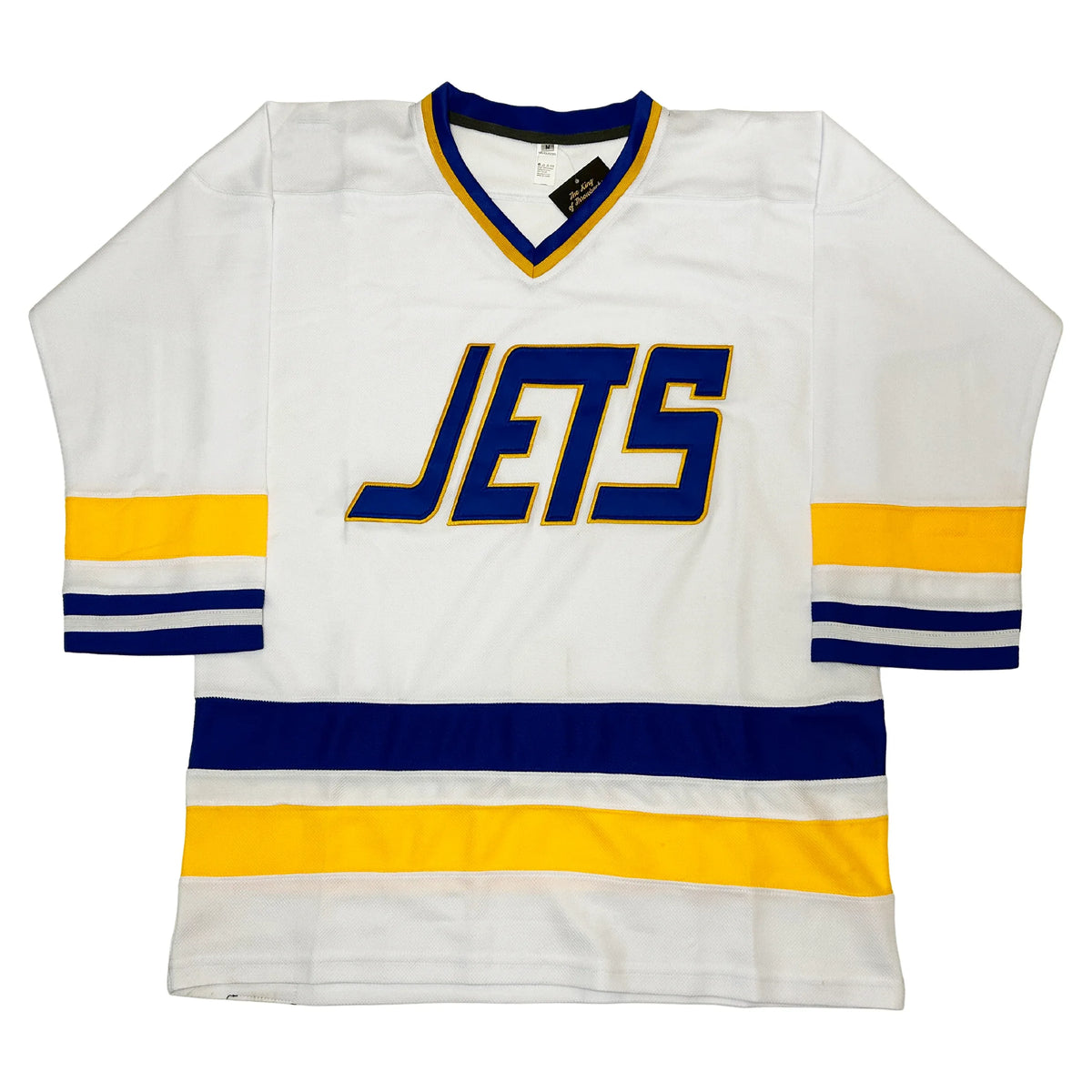 Johnstown Jets Jersey. White. JETS across the chest in blue block letters with gold outline. Blue and gold V-neck collar. Gold, white and blue bands at the sleeve ends and around the waist. Royal Retros