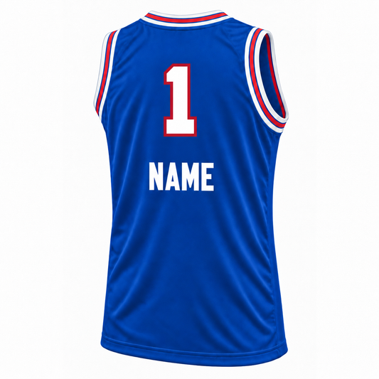Kansas City Kings royal blue jersey back mockup, raised white number 1 with red outline and white block NAME below the number, without outline.